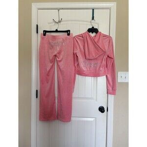 Juicy Couture Velour Tracksuit Set Hoodie Pants Logo Flamingo Pink Size L & XL